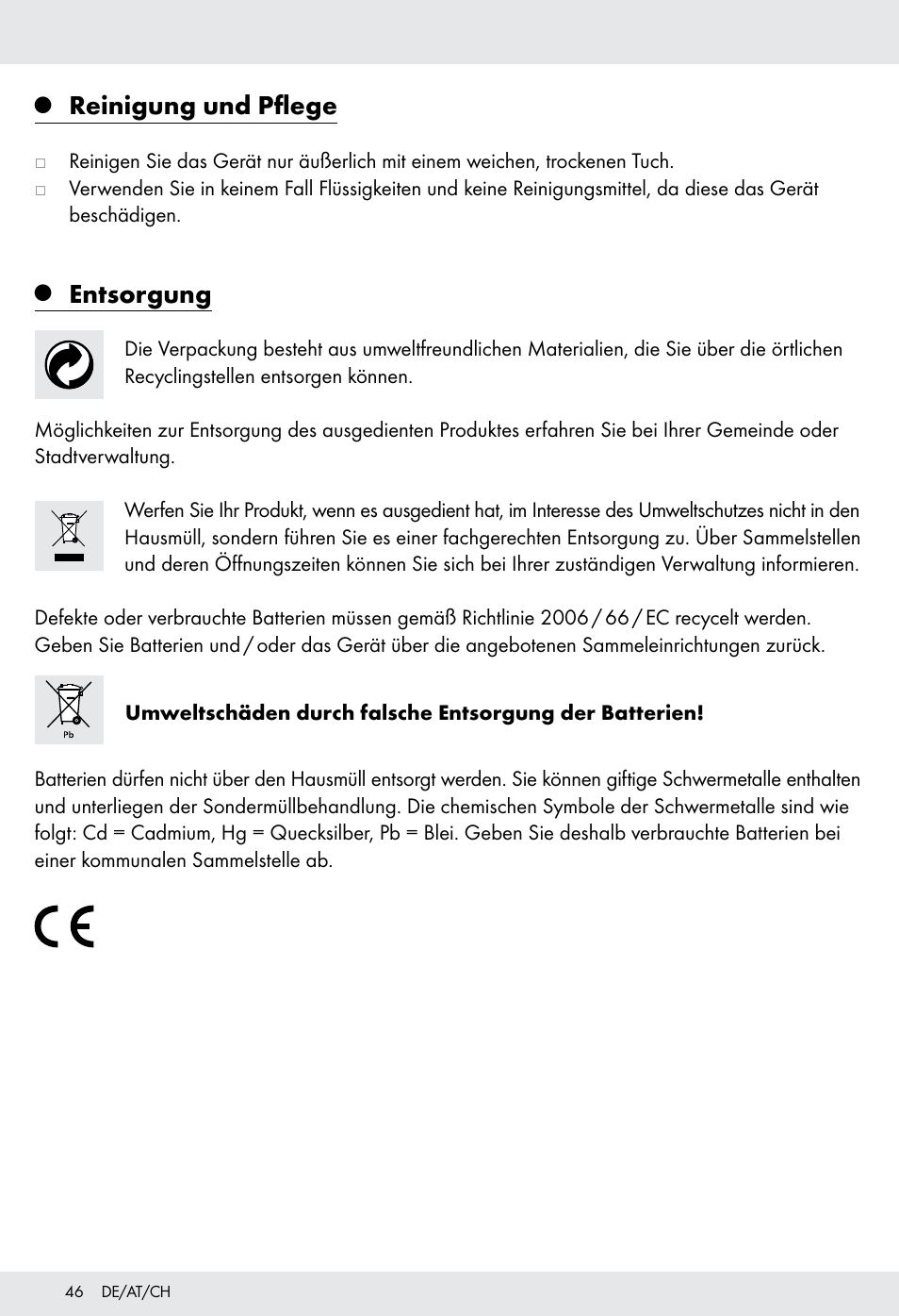 Reinigung und pflege, Entsorgung | Tronic H12276 User Manual | Page 46 / 47