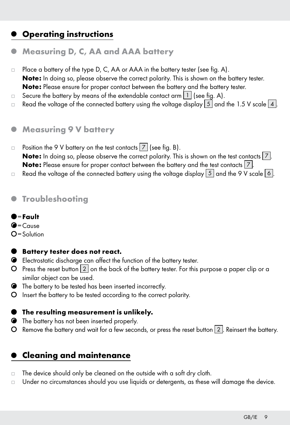 Operating instructions, Measuring d, c, aa and aaa battery, Measuring 9 v battery | Troubleshooting, Cleaning and maintenance | Tronic H12276 User Manual | Page 9 / 47