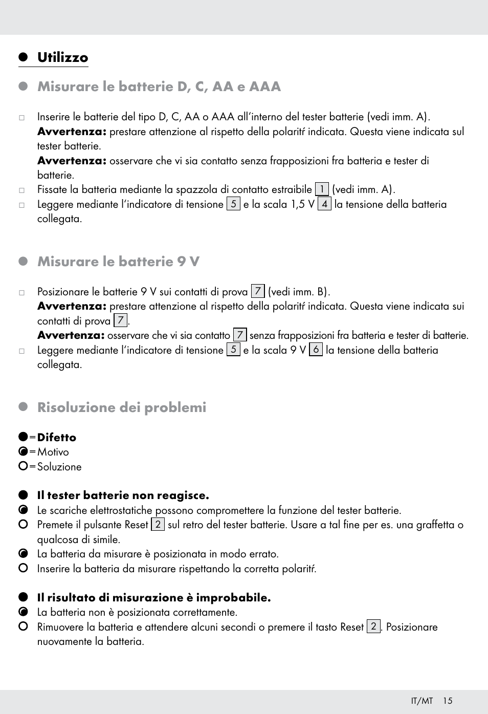 Utilizzo, Misurare le batterie d, c, aa e aaa, Misurare le batterie 9 v | Risoluzione dei problemi | Tronic H12276 User Manual | Page 15 / 35