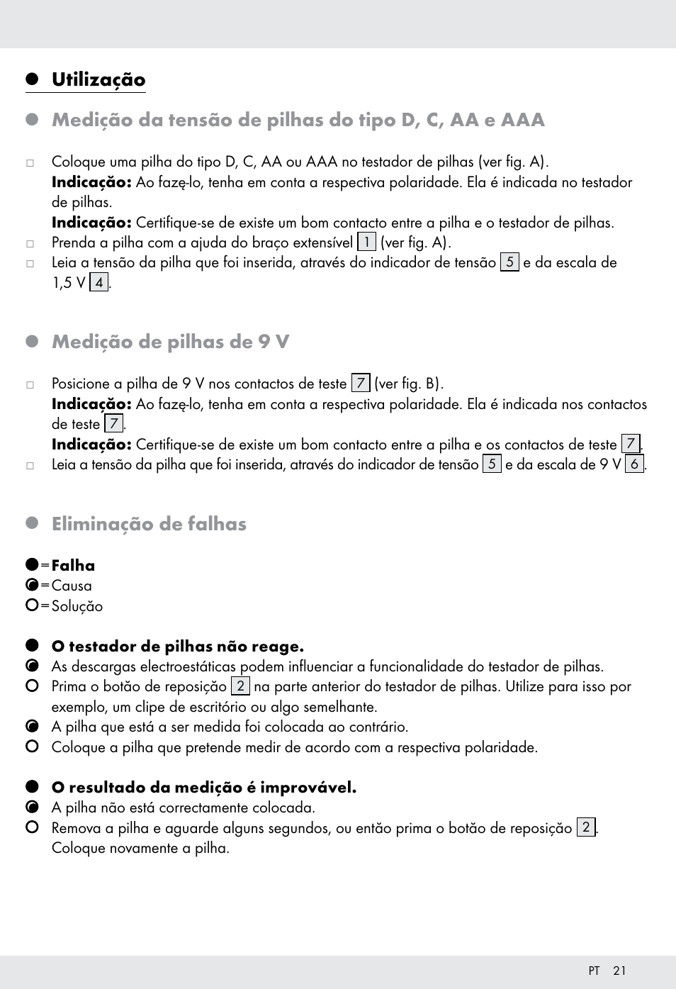 Utilização, Medição da tensão de pilhas do tipo d, c, aa e aaa, Medição de pilhas de 9 v | Eliminação de falhas | Tronic H12276 User Manual | Page 21 / 35