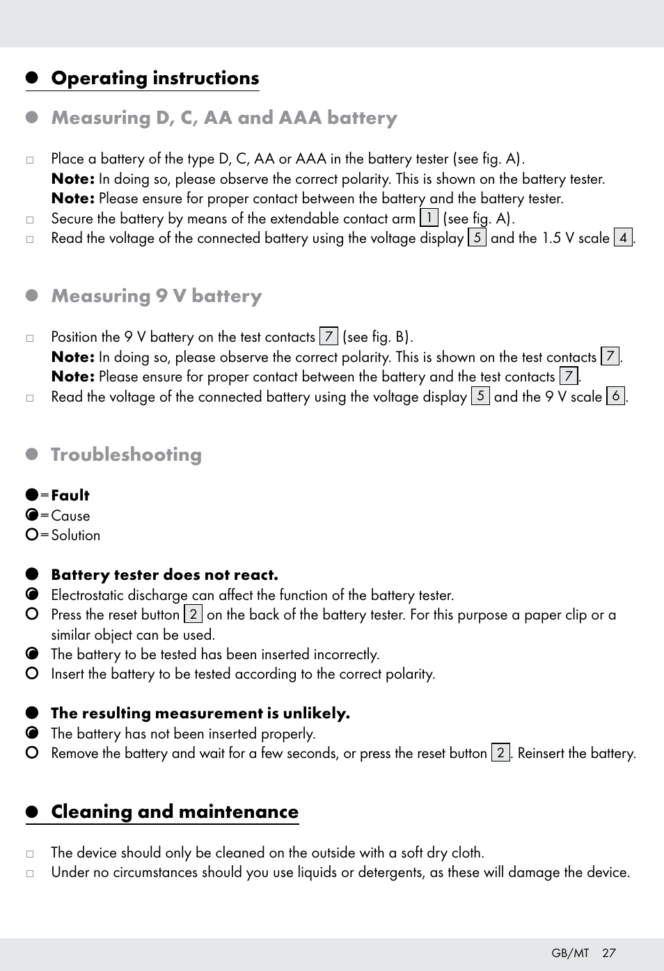 Operating instructions, Measuring d, c, aa and aaa battery, Measuring 9 v battery | Troubleshooting, Cleaning and maintenance | Tronic H12276 User Manual | Page 27 / 35