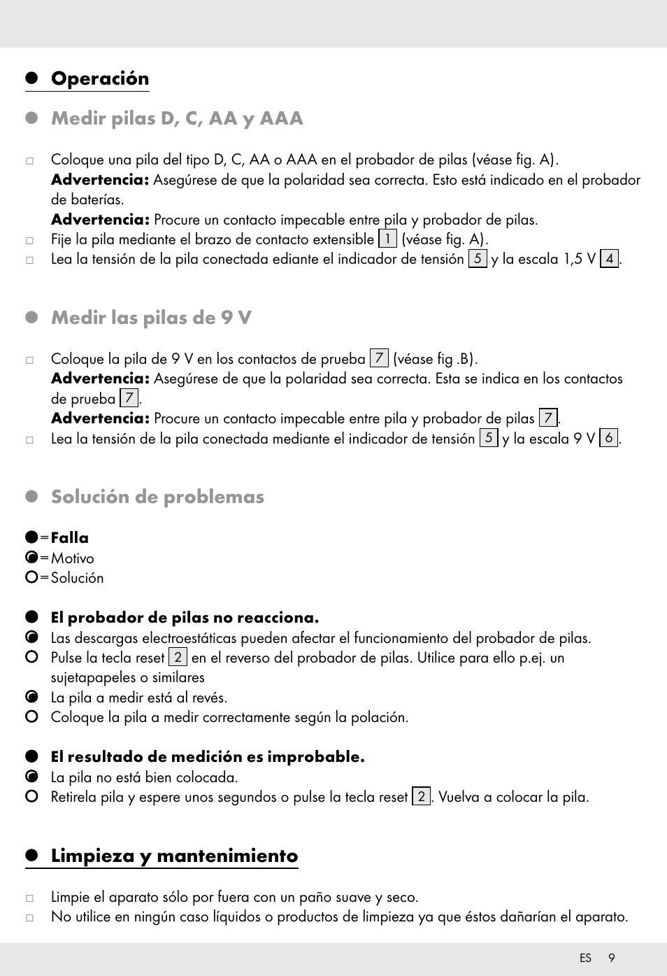 Operación, Medir pilas d, c, aa y aaa, Medir las pilas de 9 v | Solución de problemas, Limpieza y mantenimiento | Tronic H12276 User Manual | Page 9 / 35