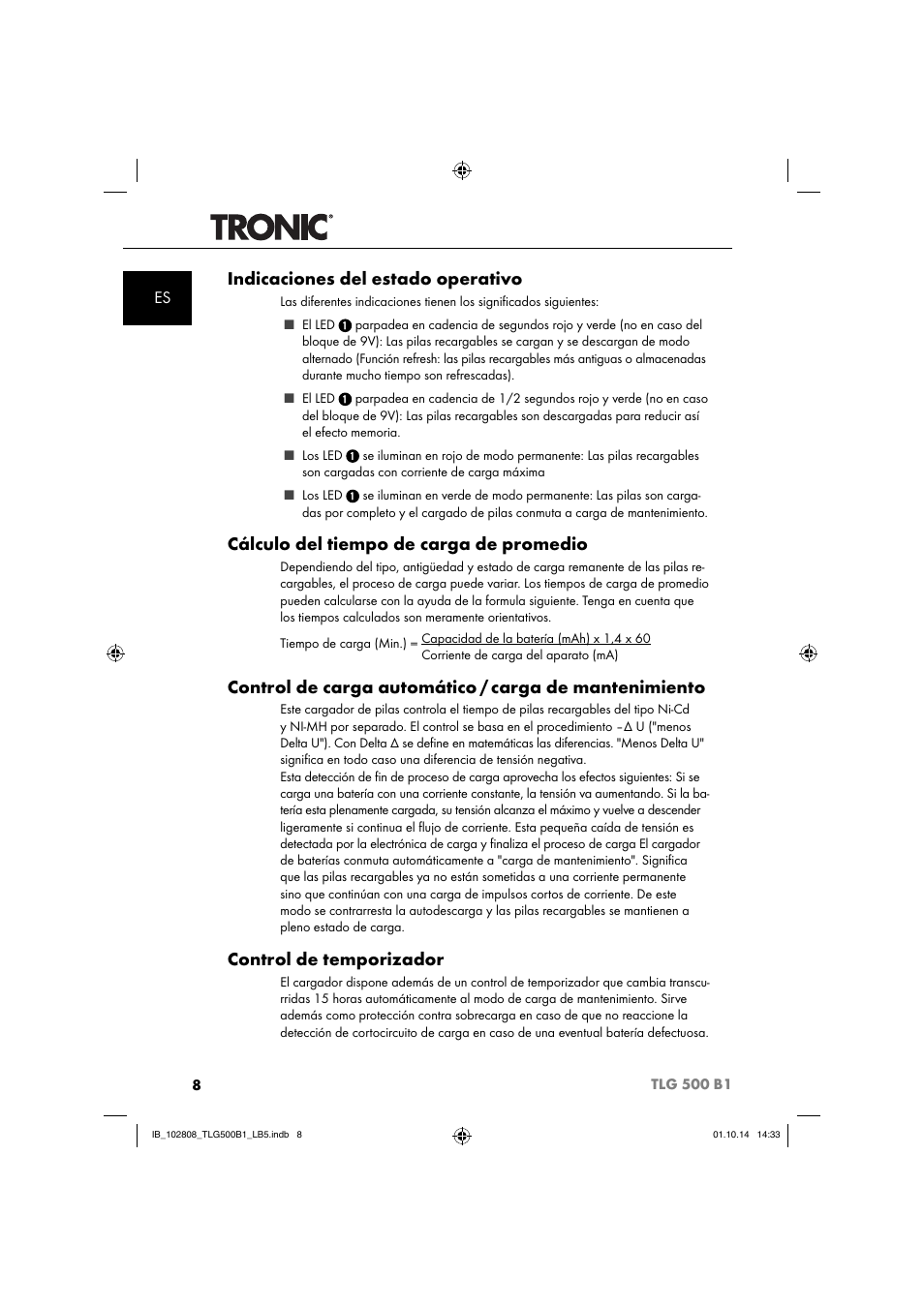 Indicaciones del estado operativo, Cálculo del tiempo de carga de promedio, Control de temporizador | Tronic TLG 500 B1 User Manual | Page 11 / 64