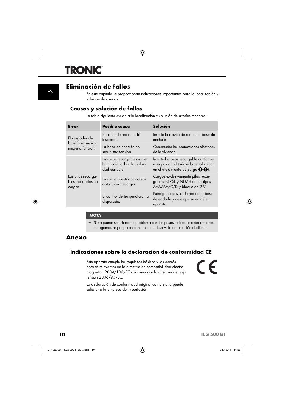 Eliminación de fallos, Anexo, Causas y solución de fallos | Tronic TLG 500 B1 User Manual | Page 13 / 64