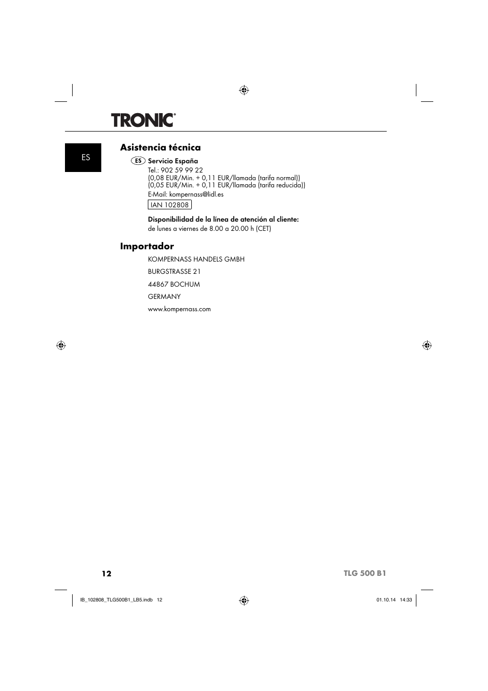 Asistencia técnica, Importador | Tronic TLG 500 B1 User Manual | Page 15 / 64