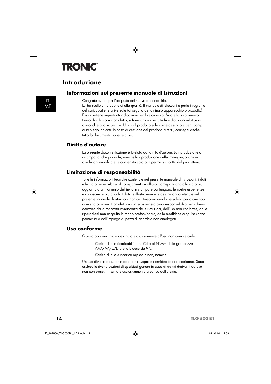 Introduzione, Informazioni sul presente manuale di istruzioni, Diritto d'autore | Limitazione di responsabilità, Uso conforme, It mt | Tronic TLG 500 B1 User Manual | Page 17 / 64