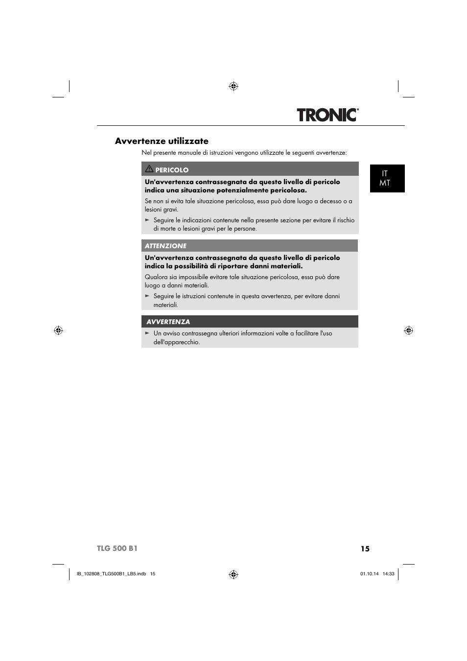 Avvertenze utilizzate, It mt | Tronic TLG 500 B1 User Manual | Page 18 / 64