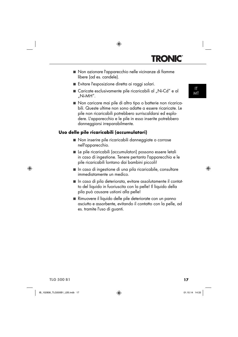 Evitare l'esposizione diretta ai raggi solari | Tronic TLG 500 B1 User Manual | Page 20 / 64