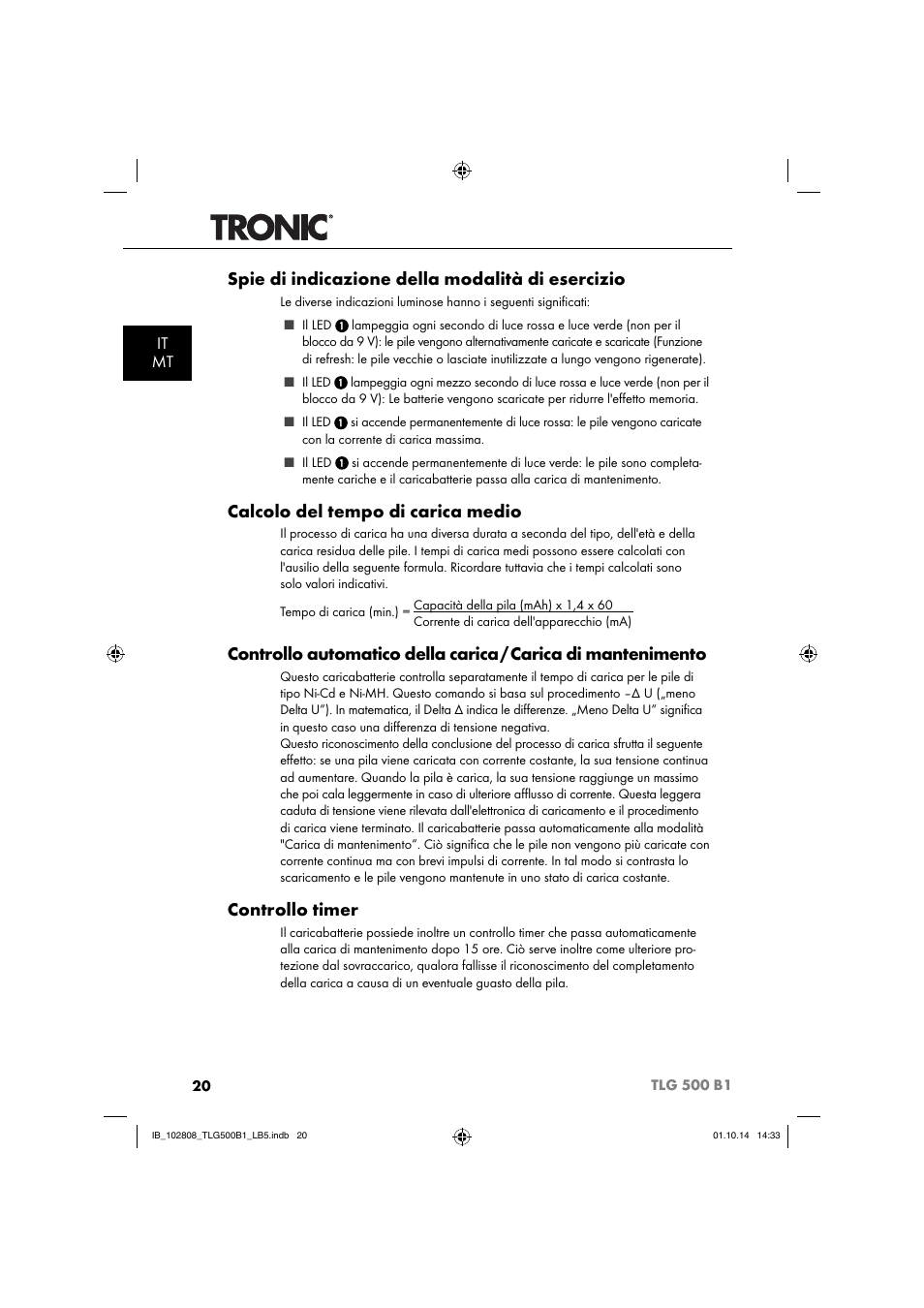 Spie di indicazione della modalità di esercizio, Calcolo del tempo di carica medio, Controllo timer | It mt | Tronic TLG 500 B1 User Manual | Page 23 / 64