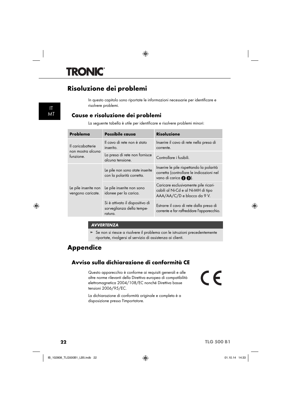 Risoluzione dei problemi, Appendice, Cause e risoluzione dei problemi | Avviso sulla dichiarazione di conformità ce, It mt | Tronic TLG 500 B1 User Manual | Page 25 / 64