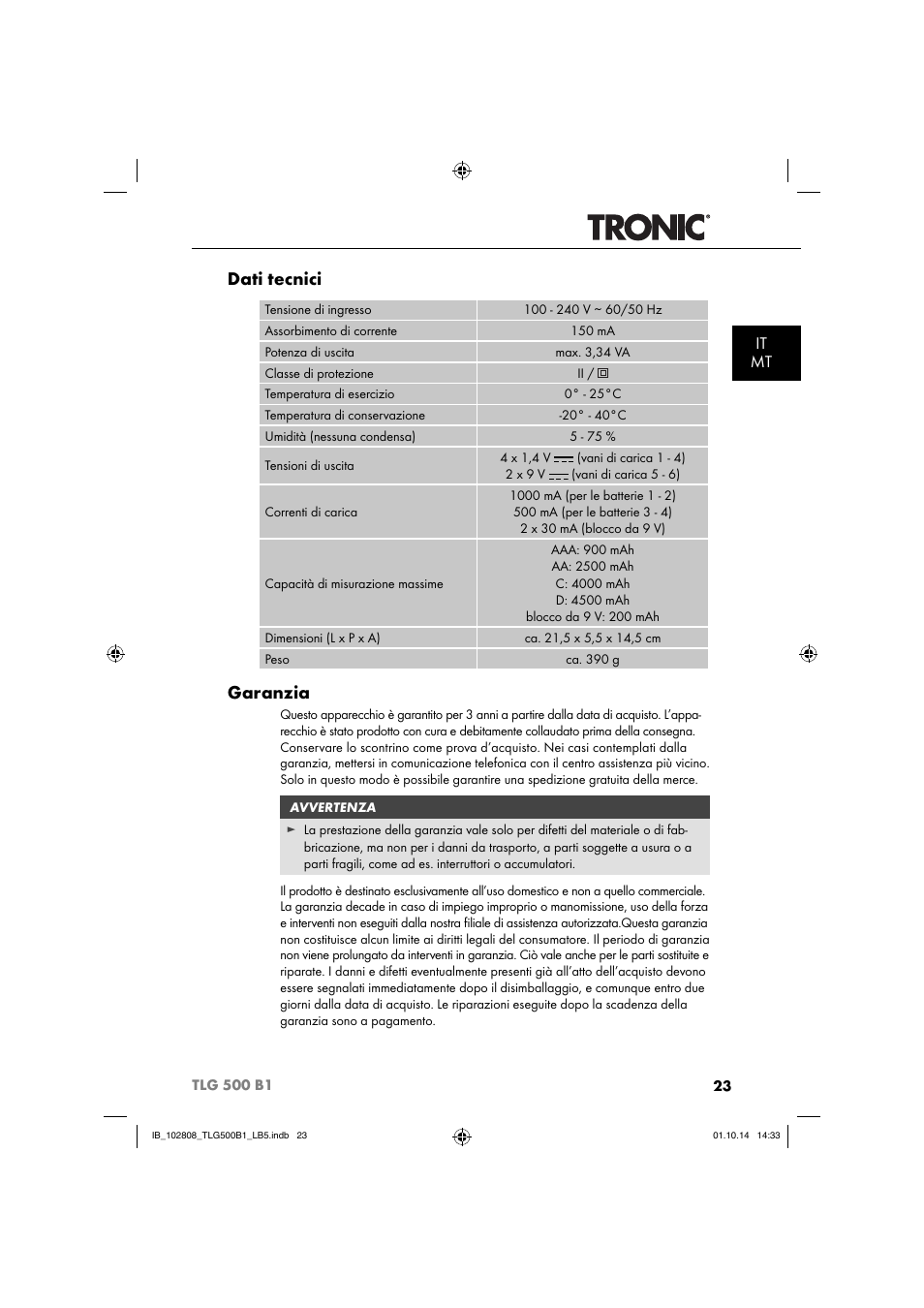 Dati tecnici, Garanzia, It mt | Tronic TLG 500 B1 User Manual | Page 26 / 64