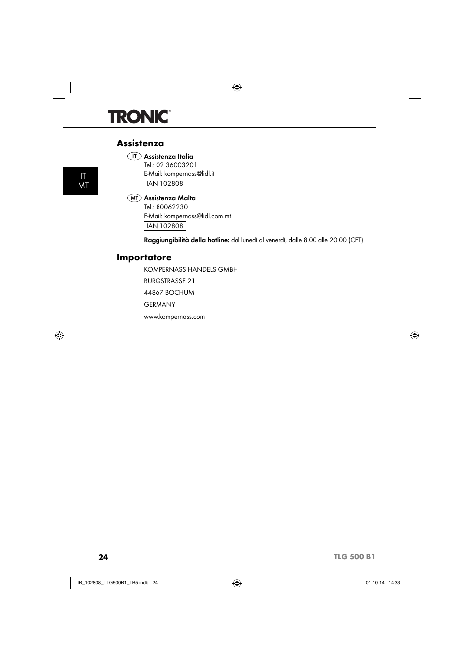 Assistenza, Importatore, It mt | Tronic TLG 500 B1 User Manual | Page 27 / 64