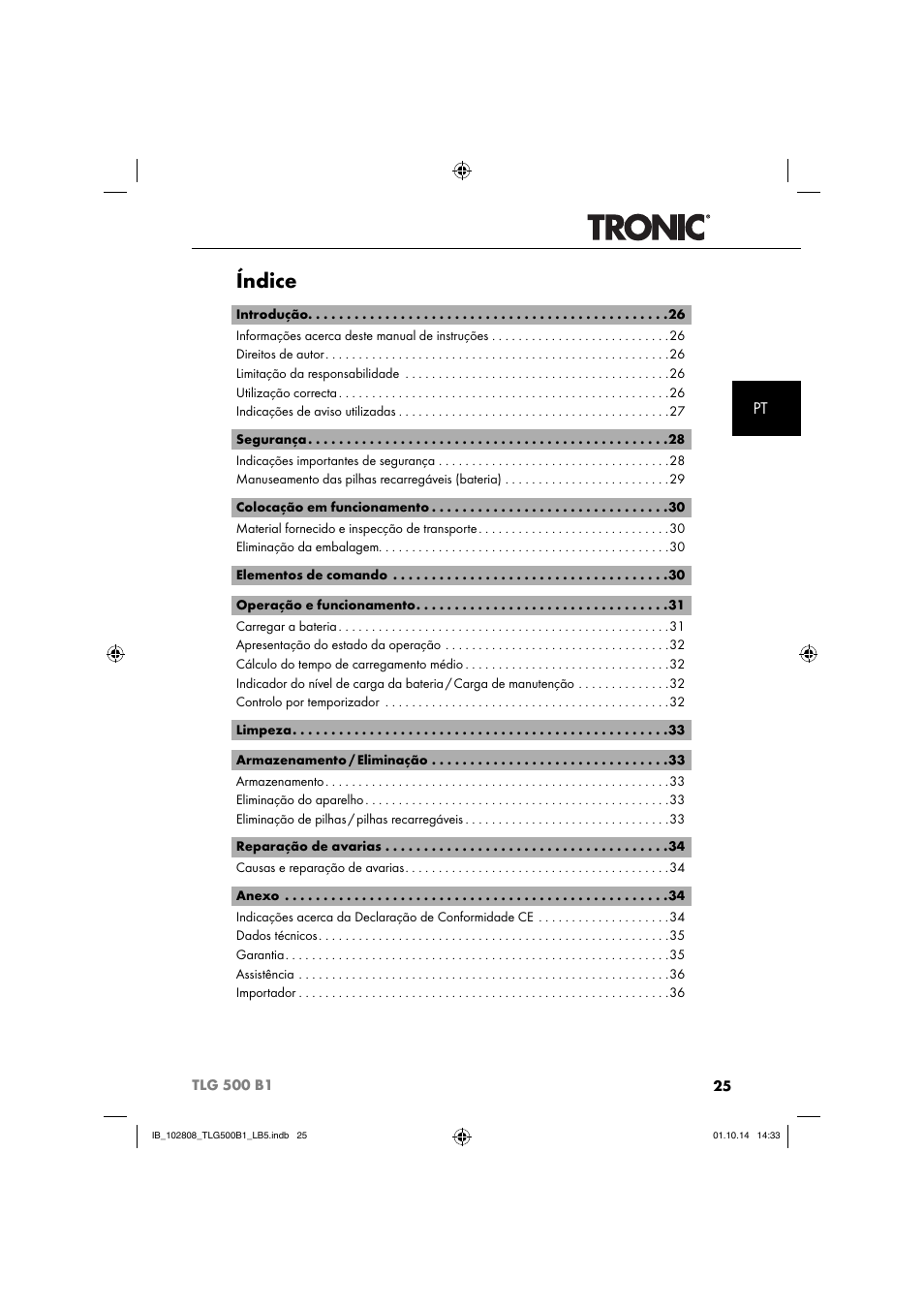 Índice | Tronic TLG 500 B1 User Manual | Page 28 / 64