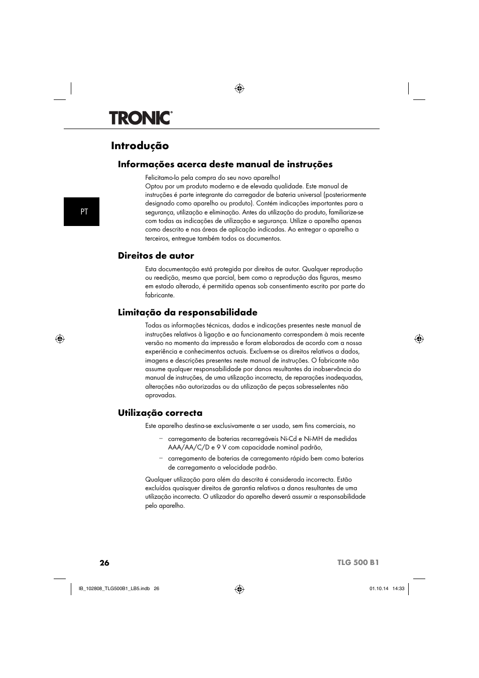 Introdução, Informações acerca deste manual de instruções, Direitos de autor | Limitação da responsabilidade, Utilização correcta | Tronic TLG 500 B1 User Manual | Page 29 / 64