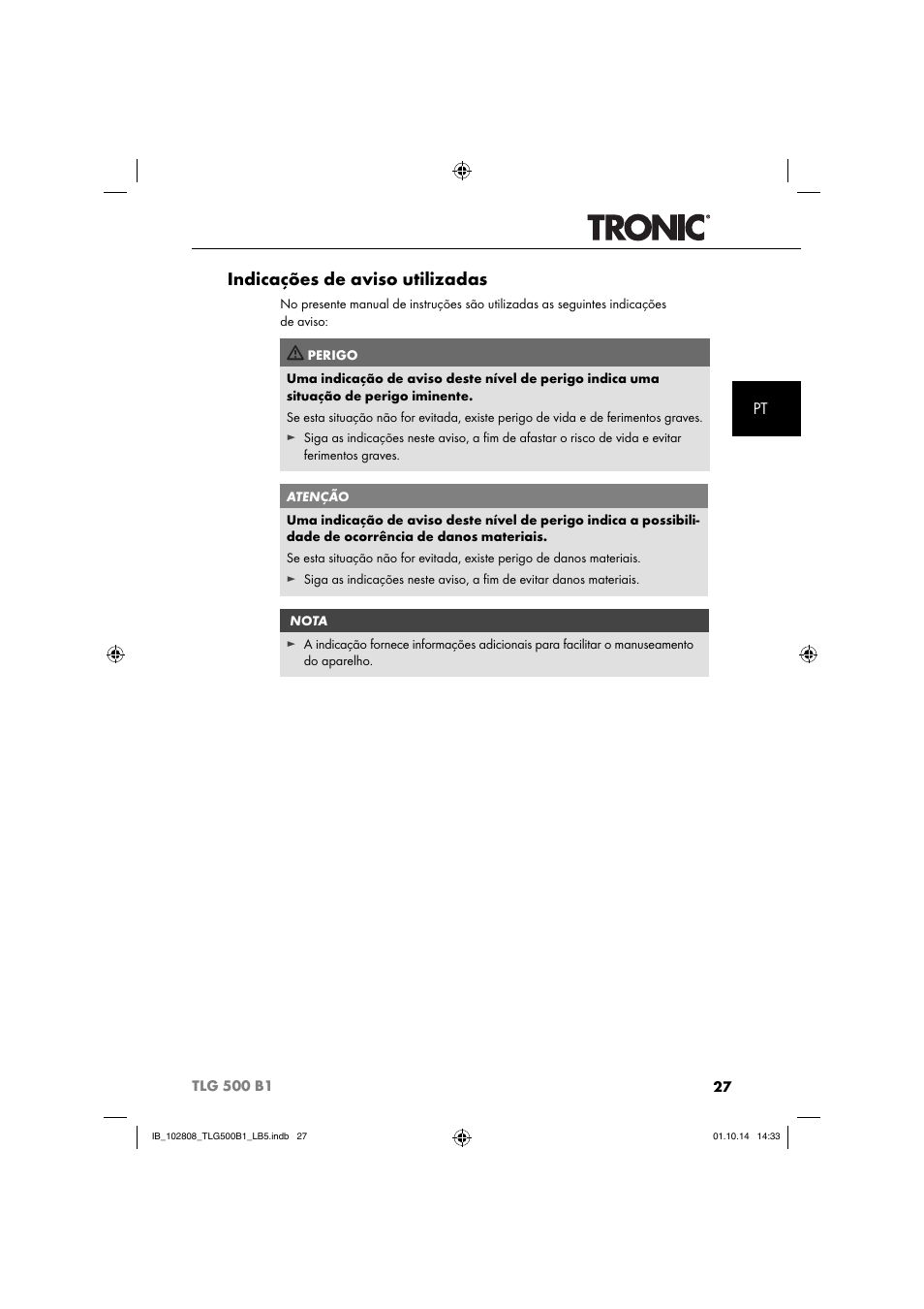 Indicações de aviso utilizadas | Tronic TLG 500 B1 User Manual | Page 30 / 64