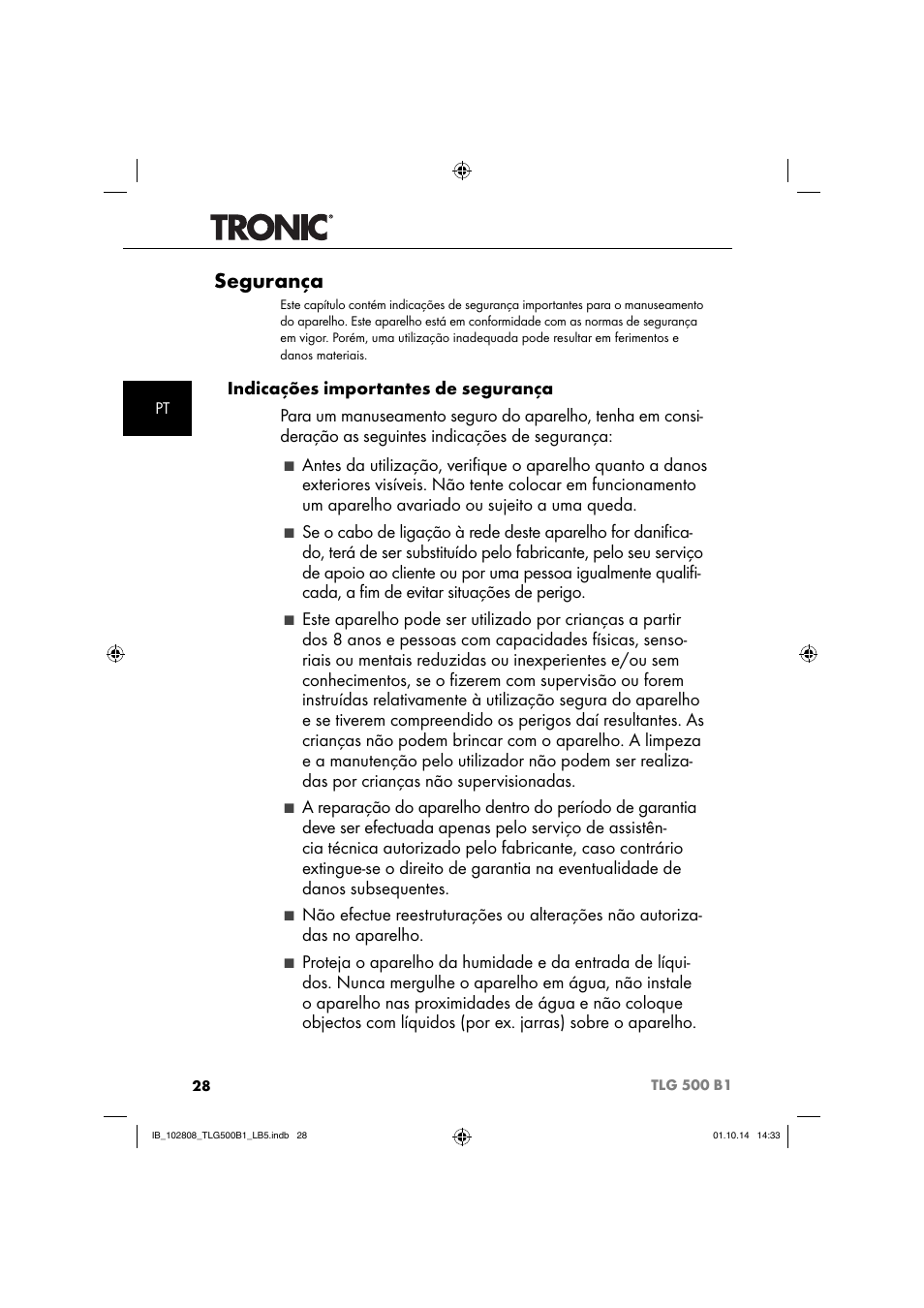 Segurança | Tronic TLG 500 B1 User Manual | Page 31 / 64