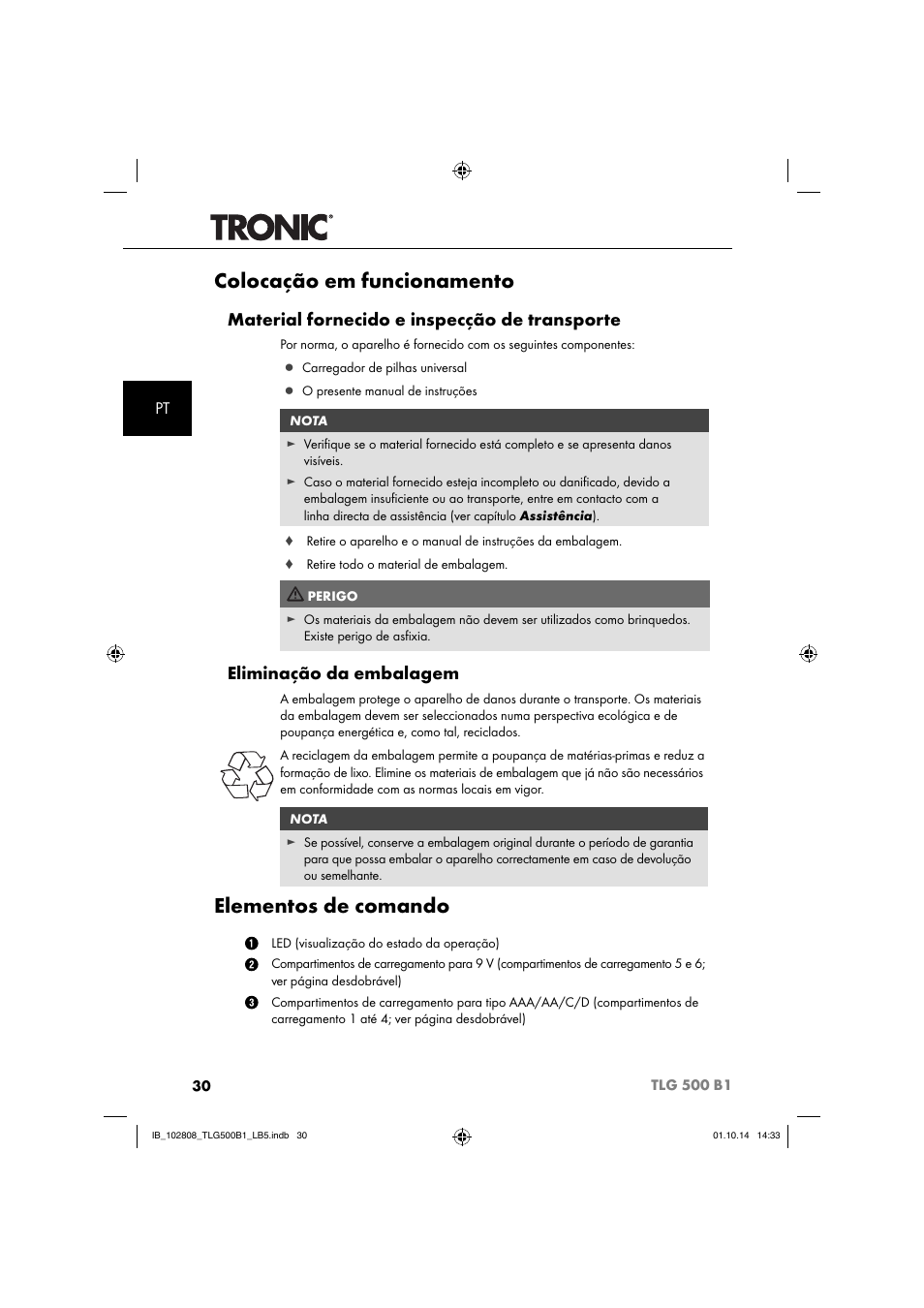 Colocação em funcionamento, Elementos de comando, Material fornecido e inspecção de transporte | Eliminação da embalagem | Tronic TLG 500 B1 User Manual | Page 33 / 64