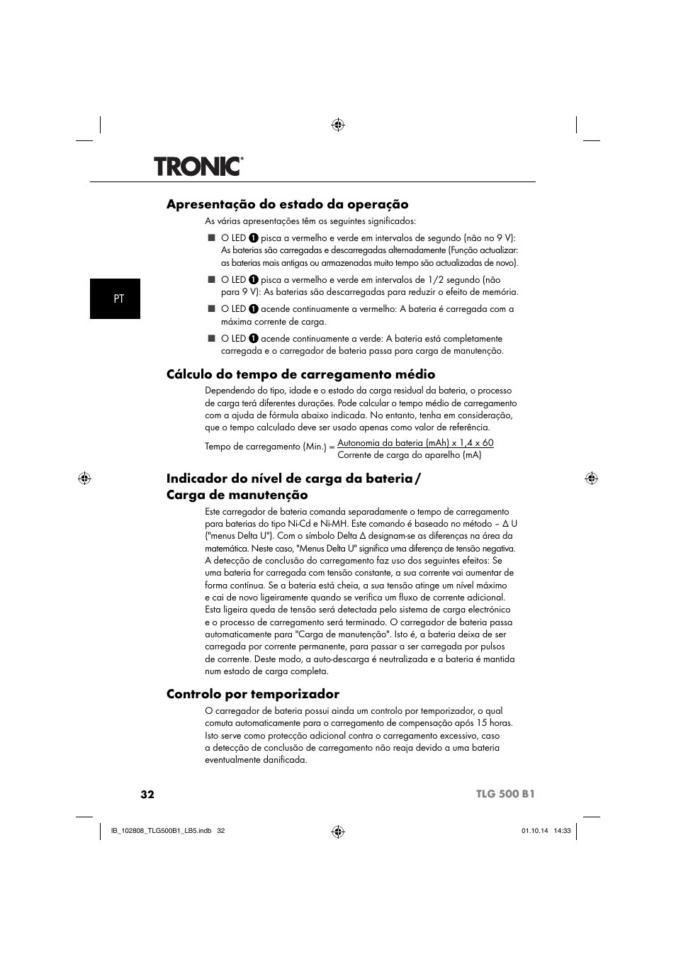 Apresentação do estado da operação, Cálculo do tempo de carregamento médio, Controlo por temporizador | Tronic TLG 500 B1 User Manual | Page 35 / 64