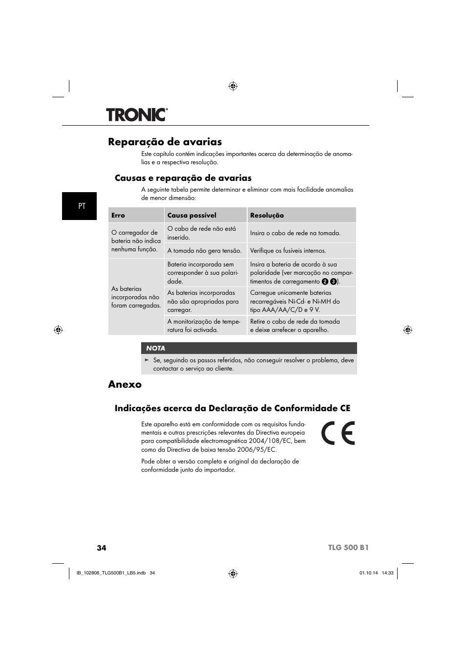 Reparação de avarias, Anexo, Causas e reparação de avarias | Indicações acerca da declaração de conformidade ce | Tronic TLG 500 B1 User Manual | Page 37 / 64