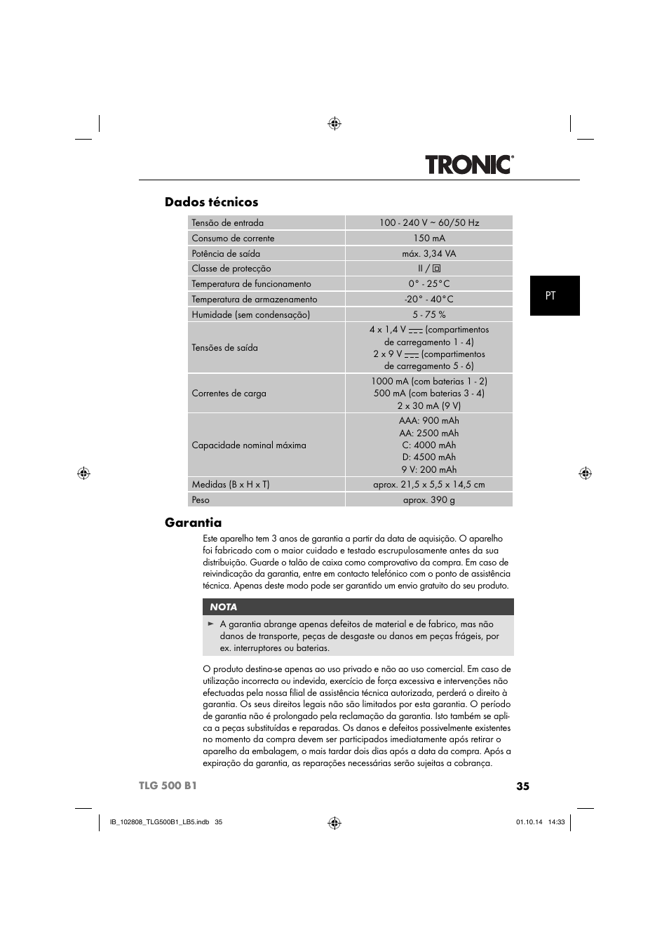 Dados técnicos, Garantia | Tronic TLG 500 B1 User Manual | Page 38 / 64