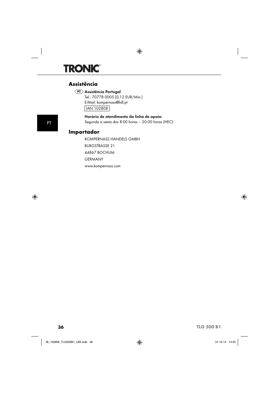 Assistência, Importador | Tronic TLG 500 B1 User Manual | Page 39 / 64