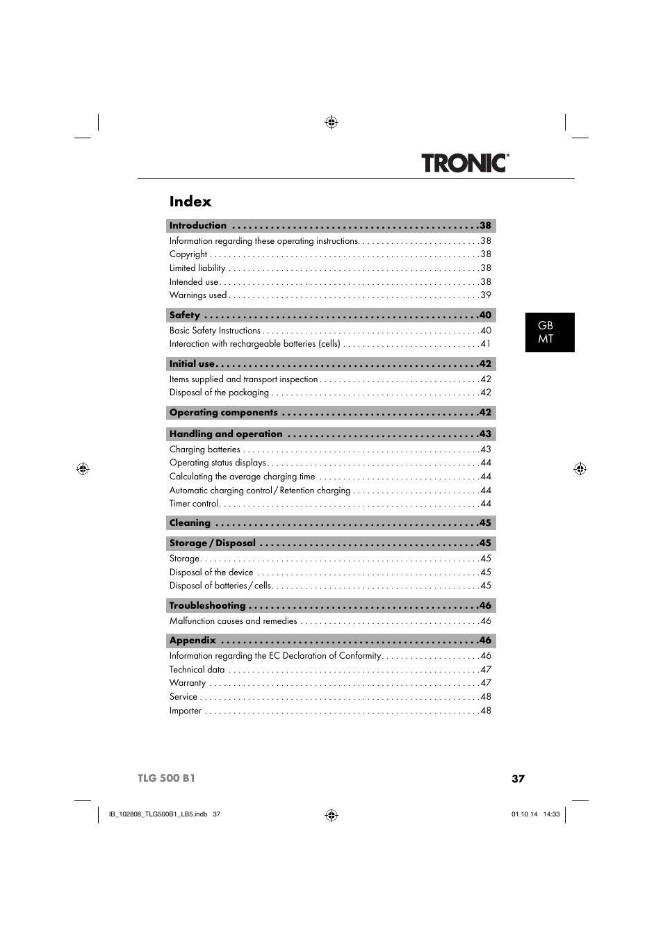 Index, Gb mt | Tronic TLG 500 B1 User Manual | Page 40 / 64