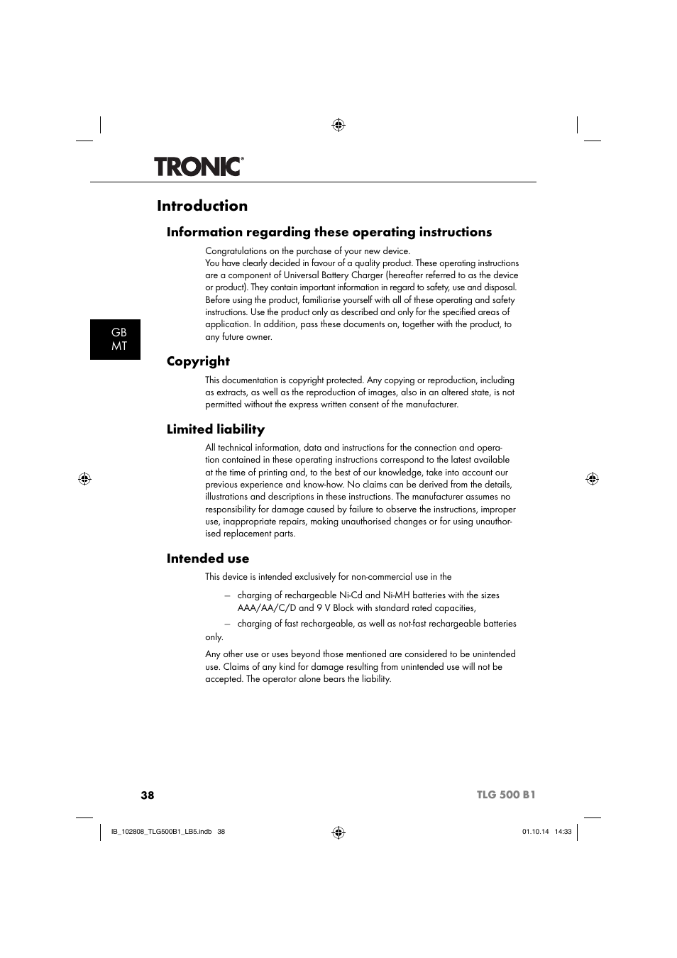 Introduction, Information regarding these operating instructions, Copyright | Limited liability, Intended use, Gb mt | Tronic TLG 500 B1 User Manual | Page 41 / 64