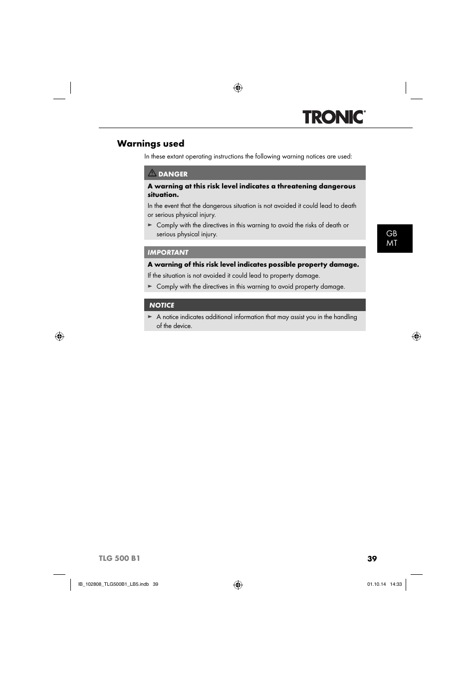 Warnings used, Gb mt | Tronic TLG 500 B1 User Manual | Page 42 / 64