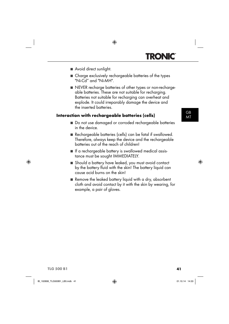 Avoid direct sunlight, Gb mt | Tronic TLG 500 B1 User Manual | Page 44 / 64