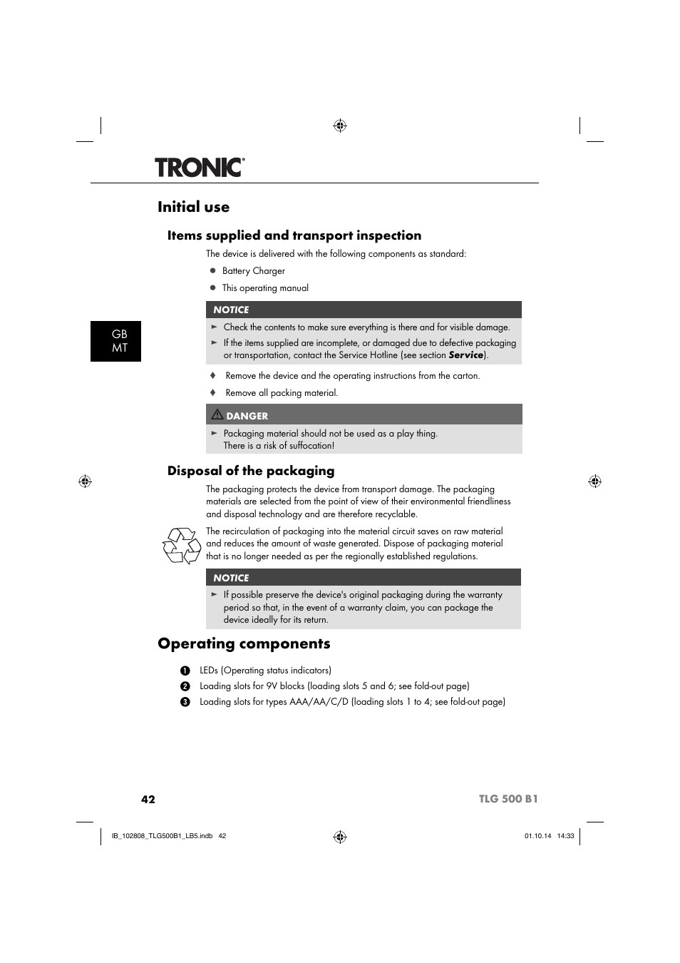 Initial use, Operating components, Items supplied and transport inspection | Disposal of the packaging, Gb mt | Tronic TLG 500 B1 User Manual | Page 45 / 64