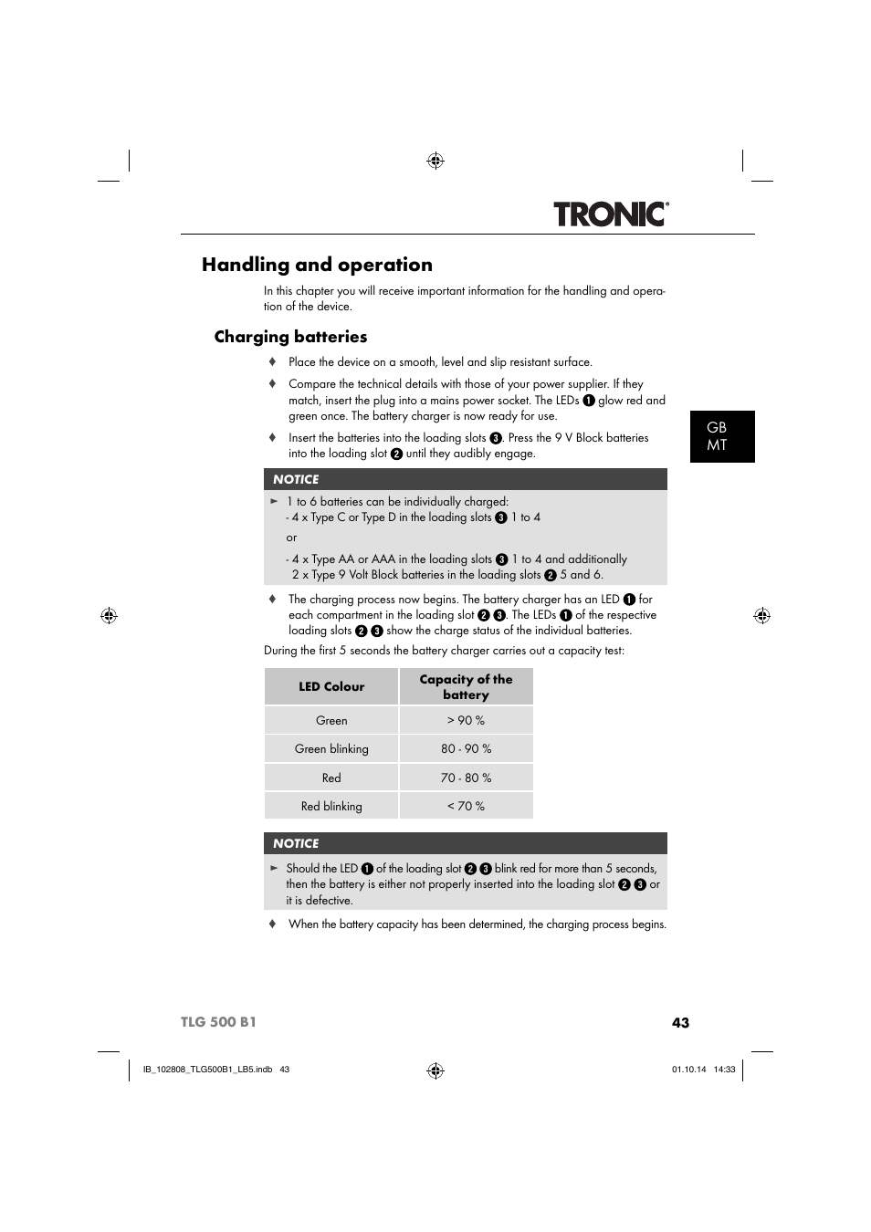 Handling and operation, Charging batteries, Gb mt | Tronic TLG 500 B1 User Manual | Page 46 / 64