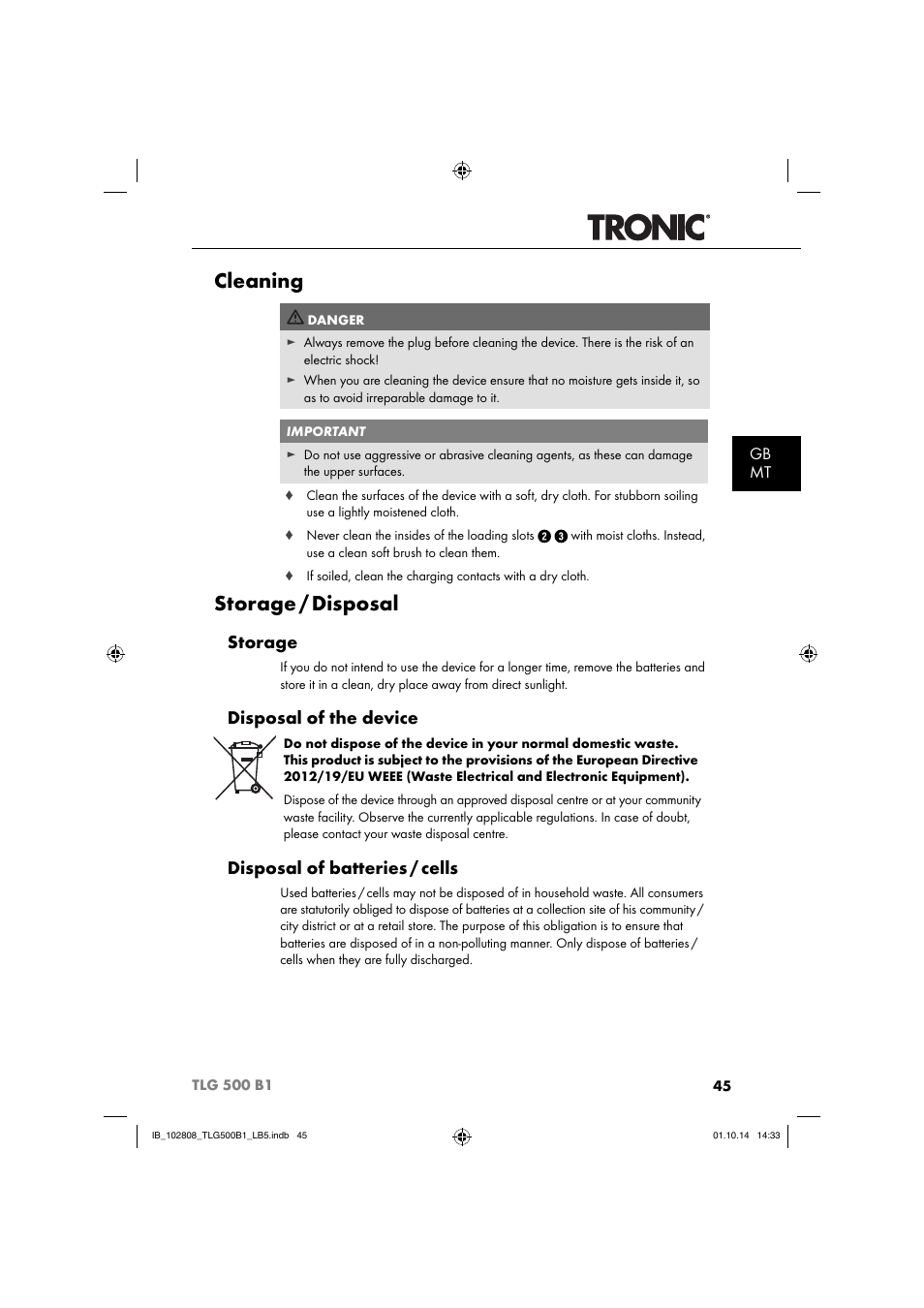 Cleaning, Storage, Disposal | Disposal of the device, Disposal of batteries / cells, Gb mt | Tronic TLG 500 B1 User Manual | Page 48 / 64