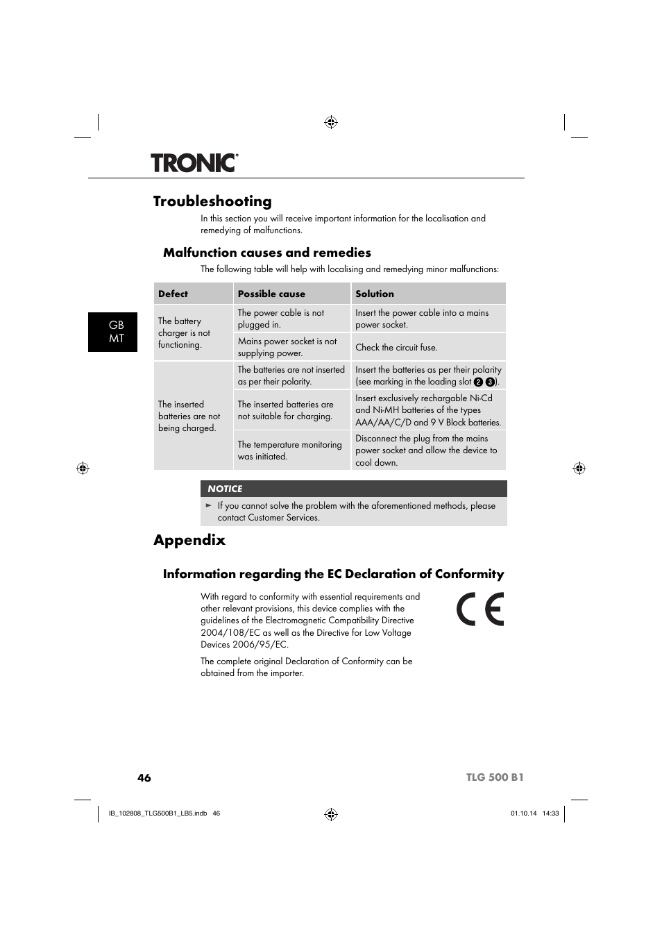 Troubleshooting, Appendix, Malfunction causes and remedies | Gb mt | Tronic TLG 500 B1 User Manual | Page 49 / 64