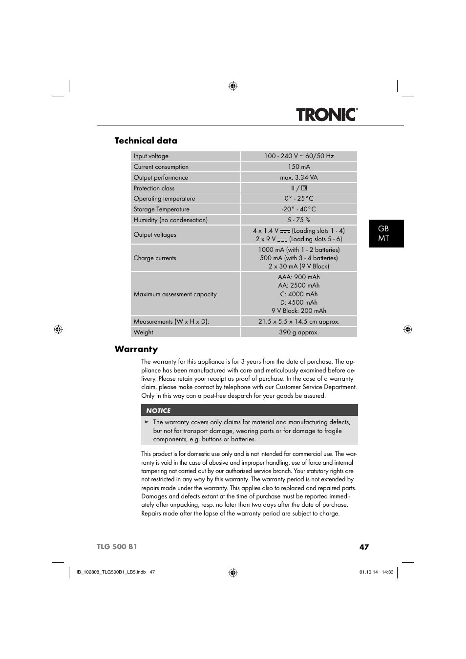 Technical data, Warranty, Gb mt | Tronic TLG 500 B1 User Manual | Page 50 / 64