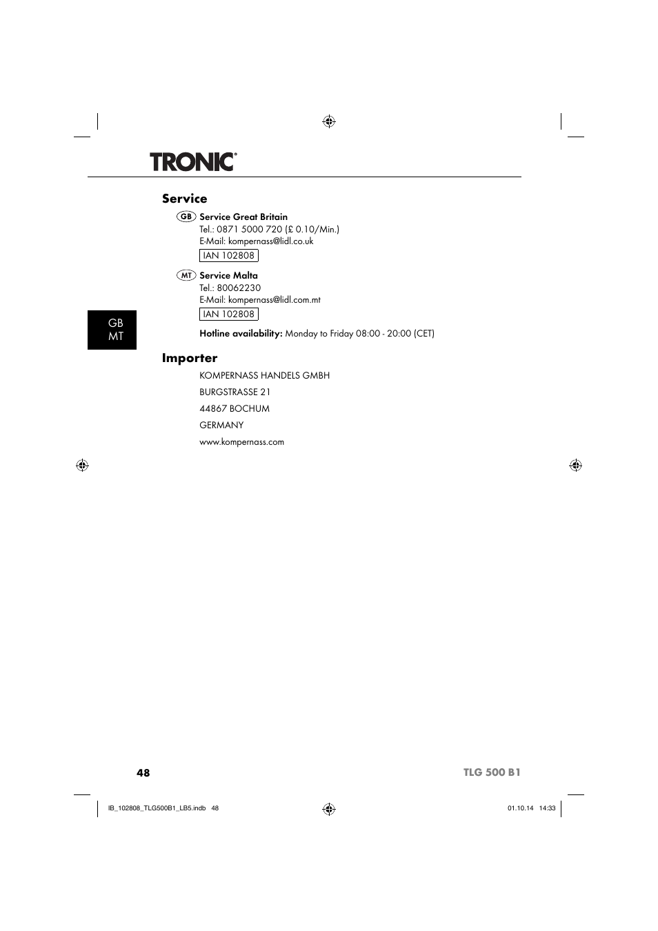 Service, Importer, Gb mt | Tronic TLG 500 B1 User Manual | Page 51 / 64