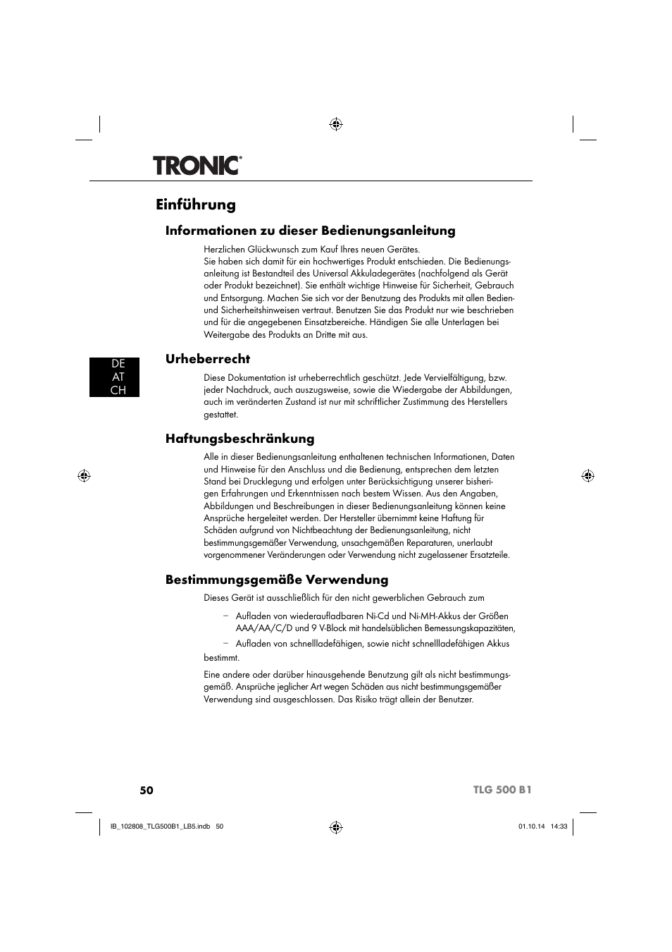 Einführung, Informationen zu dieser bedienungsanleitung, Urheberrecht | Haftungsbeschränkung, Bestimmungsgemäße verwendung, De at ch | Tronic TLG 500 B1 User Manual | Page 53 / 64