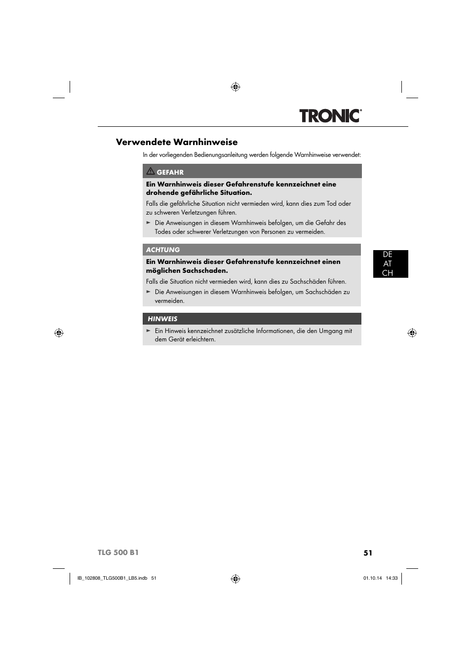 Verwendete warnhinweise, De at ch | Tronic TLG 500 B1 User Manual | Page 54 / 64