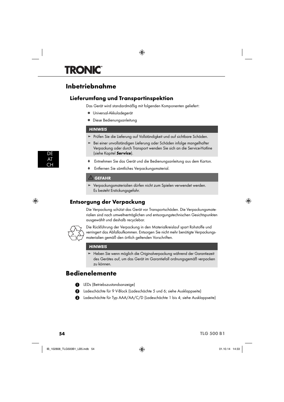 Inbetriebnahme, Bedienelemente, Lieferumfang und transportinspektion | Entsorgung der verpackung, De at ch | Tronic TLG 500 B1 User Manual | Page 57 / 64