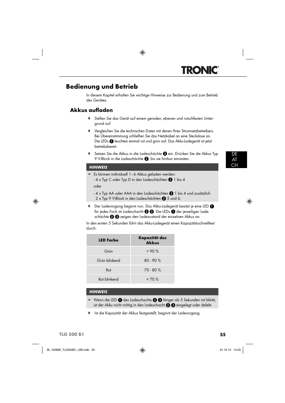 Bedienung und betrieb, Akkus auﬂ aden, De at ch | Tronic TLG 500 B1 User Manual | Page 58 / 64