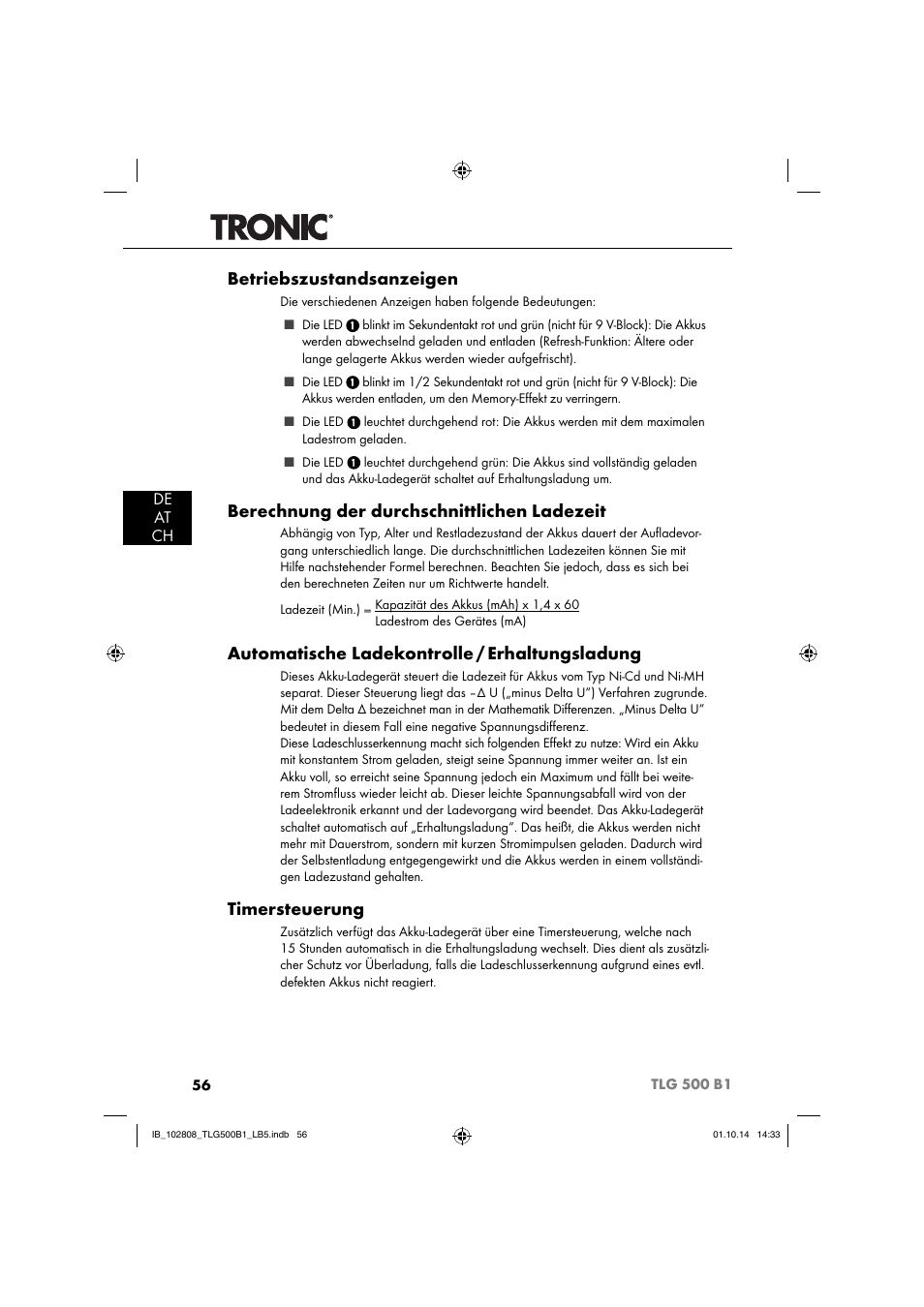 Betriebszustandsanzeigen, Berechnung der durchschnittlichen ladezeit, Automatische ladekontrolle / erhaltungsladung | Timersteuerung, De at ch | Tronic TLG 500 B1 User Manual | Page 59 / 64