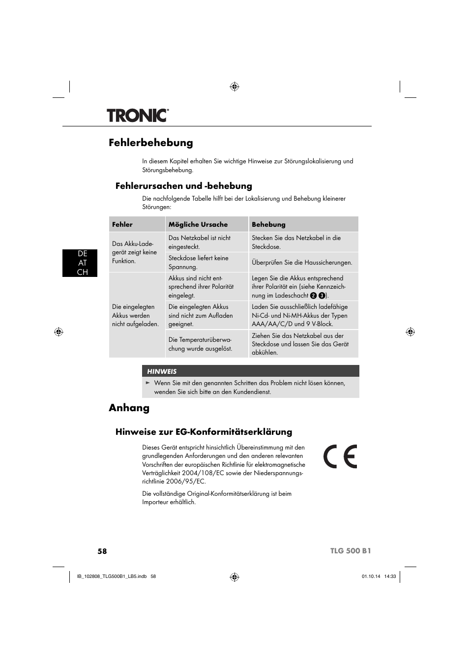 Fehlerbehebung, Anhang, Fehlerursachen und -behebung | Hinweise zur eg-konformitätserklärung, De at ch | Tronic TLG 500 B1 User Manual | Page 61 / 64