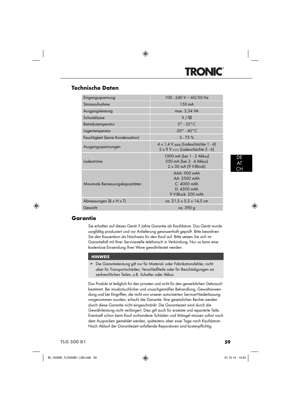 Technische daten, Garantie, De at ch | Tronic TLG 500 B1 User Manual | Page 62 / 64