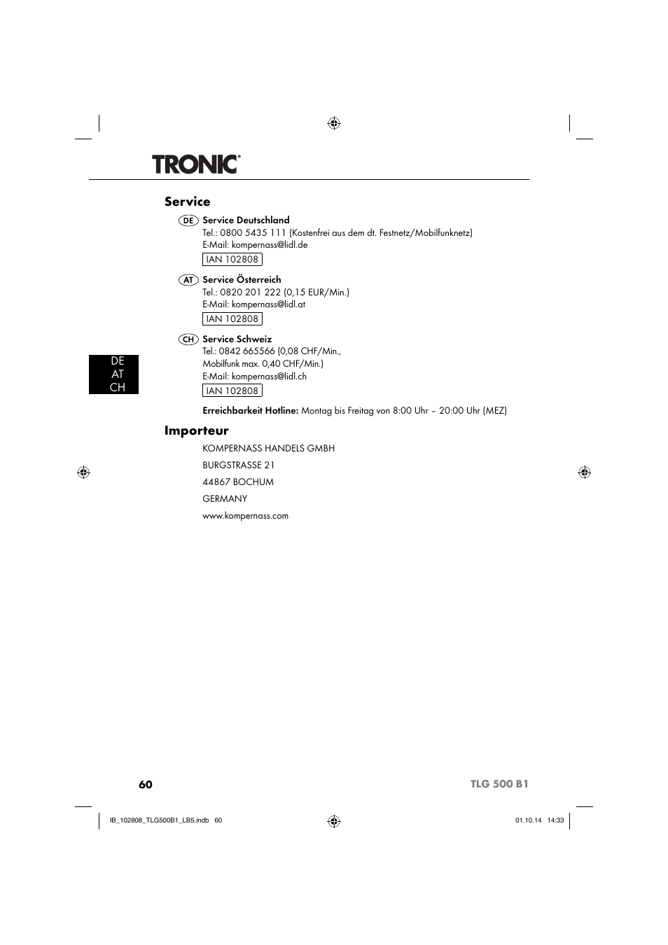 Service, Importeur, De at ch | Tronic TLG 500 B1 User Manual | Page 63 / 64