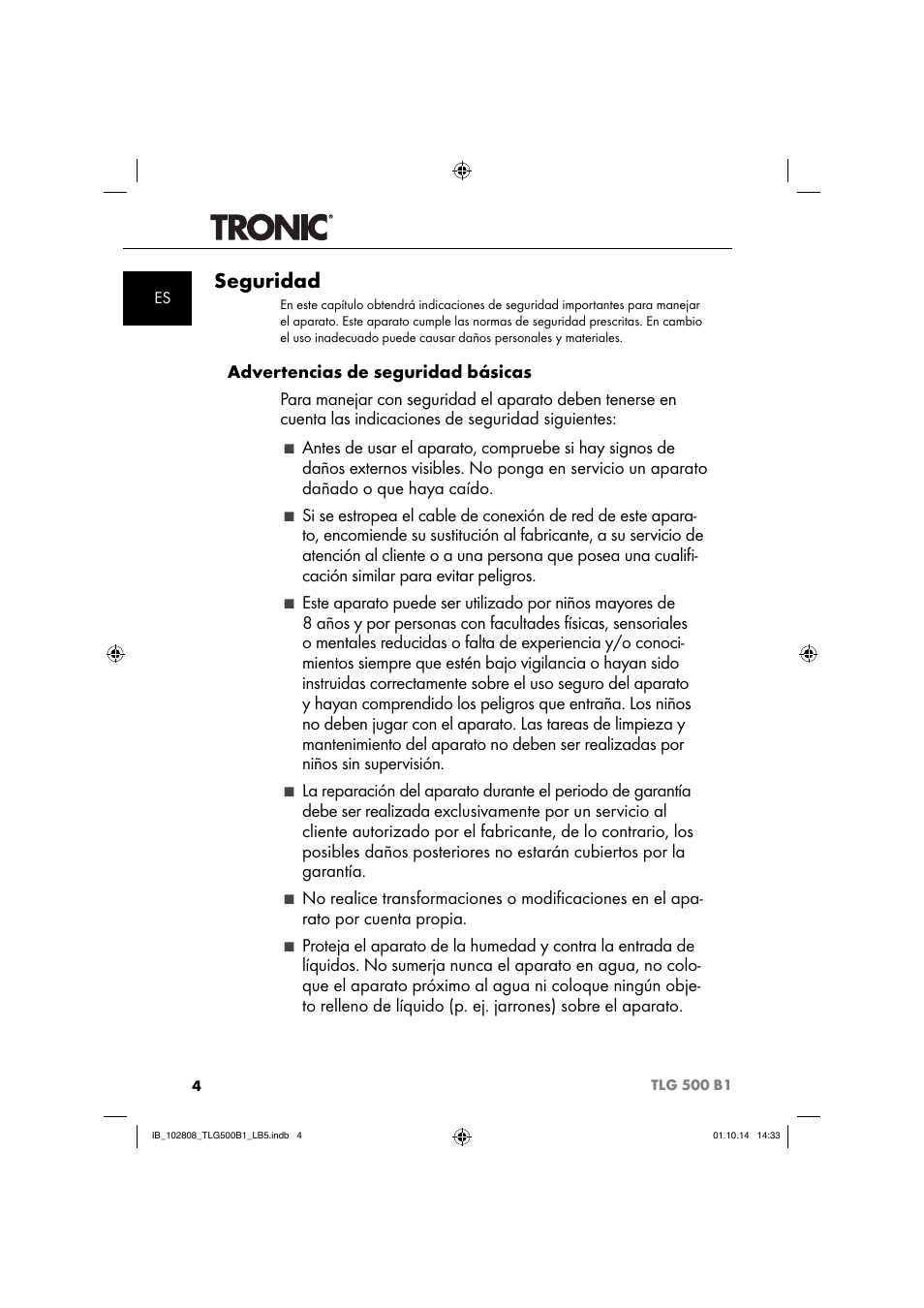 Seguridad | Tronic TLG 500 B1 User Manual | Page 7 / 64