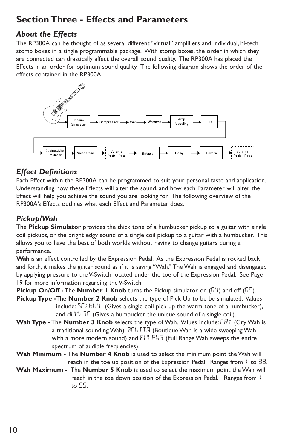 About the effects, Effect definitions, Pickup/wah | DigiTech RP300A User Manual | Page 14 / 28