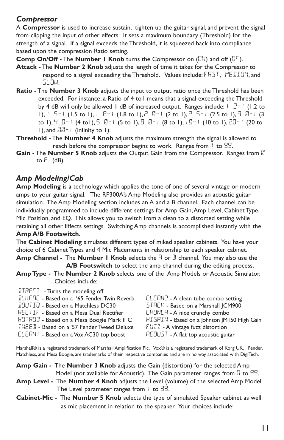 Compressor, Amp modeling/cab | DigiTech RP300A User Manual | Page 15 / 28