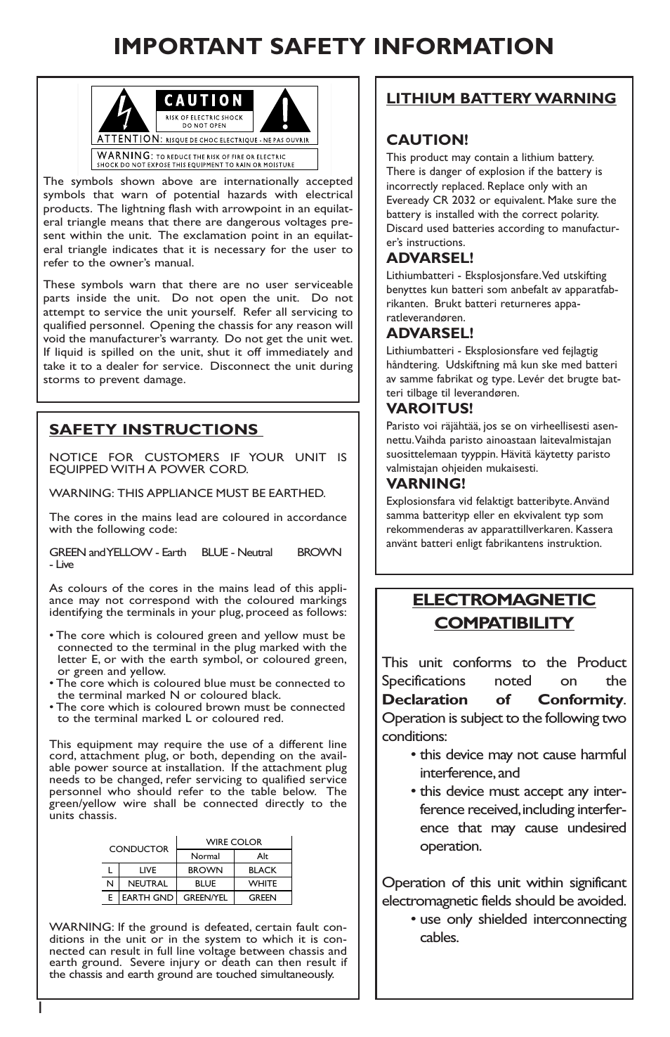 Important safety information, Electromagnetic compatibility, Safety instructions | Lithium battery warning caution, Advarsel, Varoitus, Varning | DigiTech RP300A User Manual | Page 2 / 28