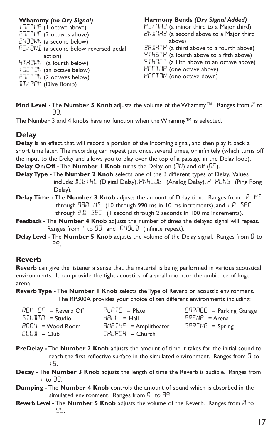 Delay, Reverb | DigiTech RP300A User Manual | Page 21 / 28