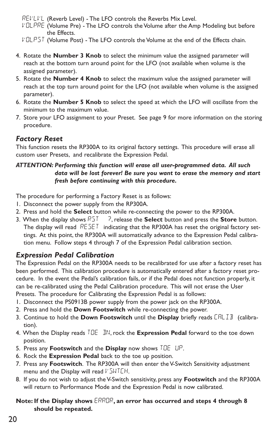 Factory reset, Expression pedal calibration | DigiTech RP300A User Manual | Page 24 / 28