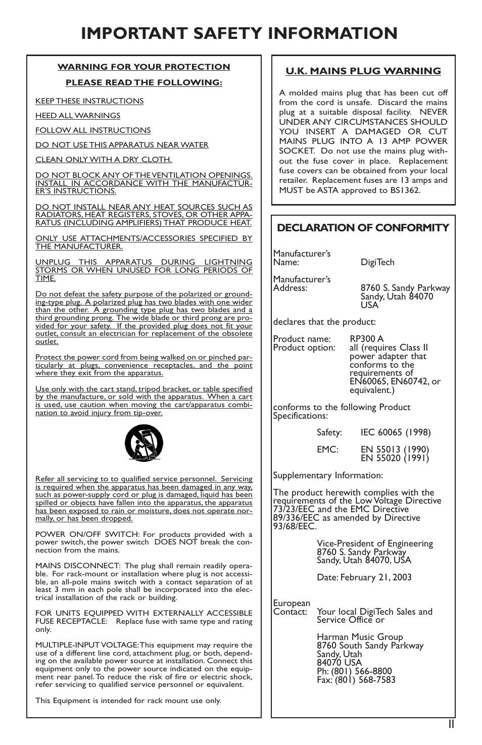 Important safety information | DigiTech RP300A User Manual | Page 3 / 28